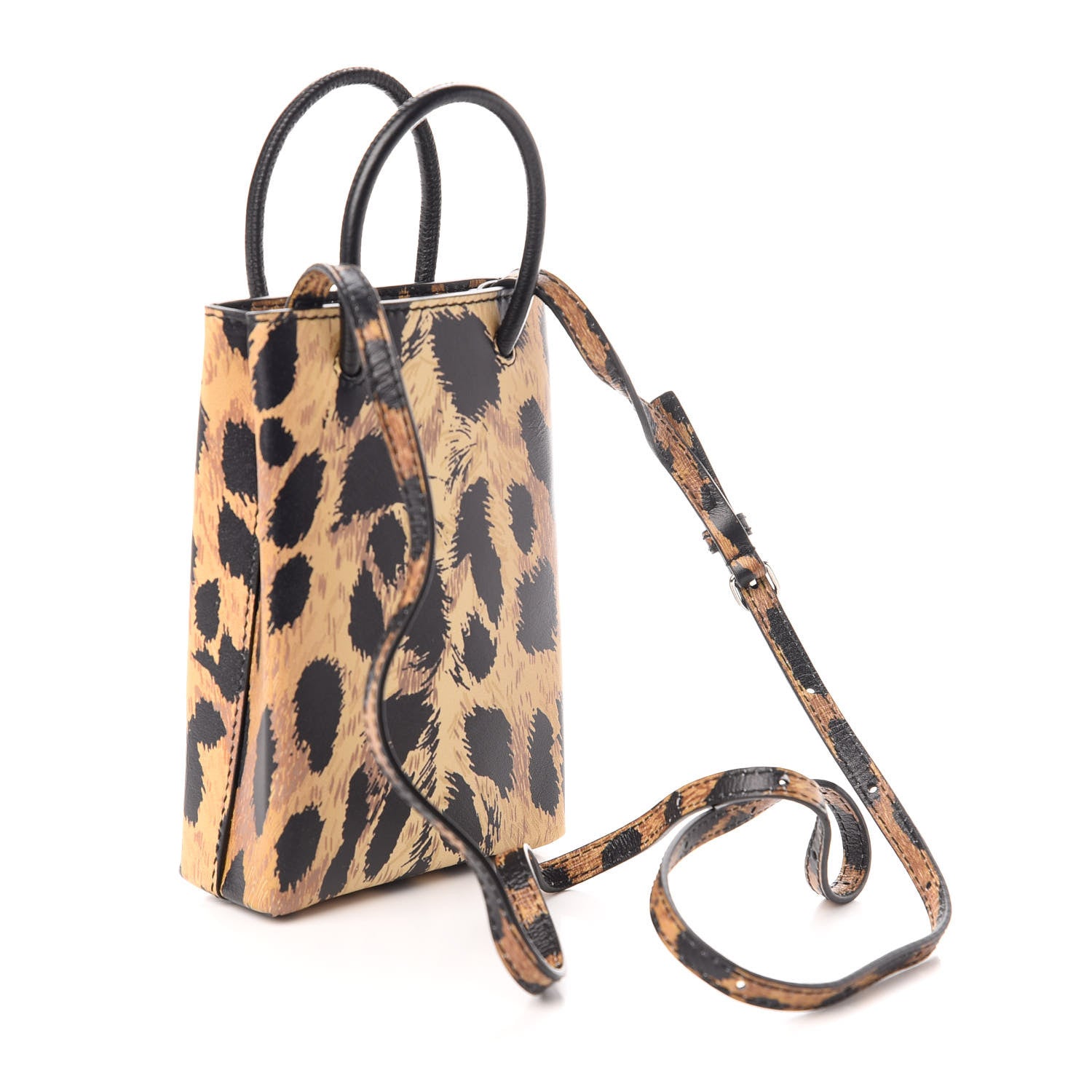Balenciaga Smooth Calfskin Leopard Print Logo Shopping Phone Holder Bag Beige Black 3 of 9