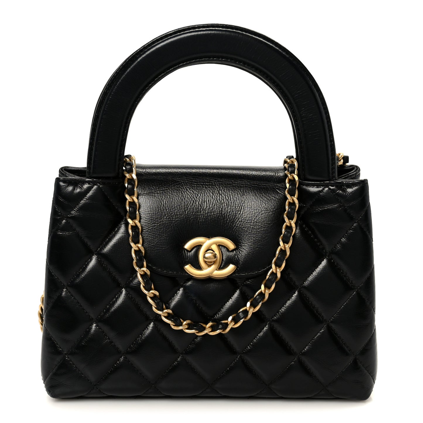 Shiny Aged Calfskin Quilted Nano Kelly Shopper Black