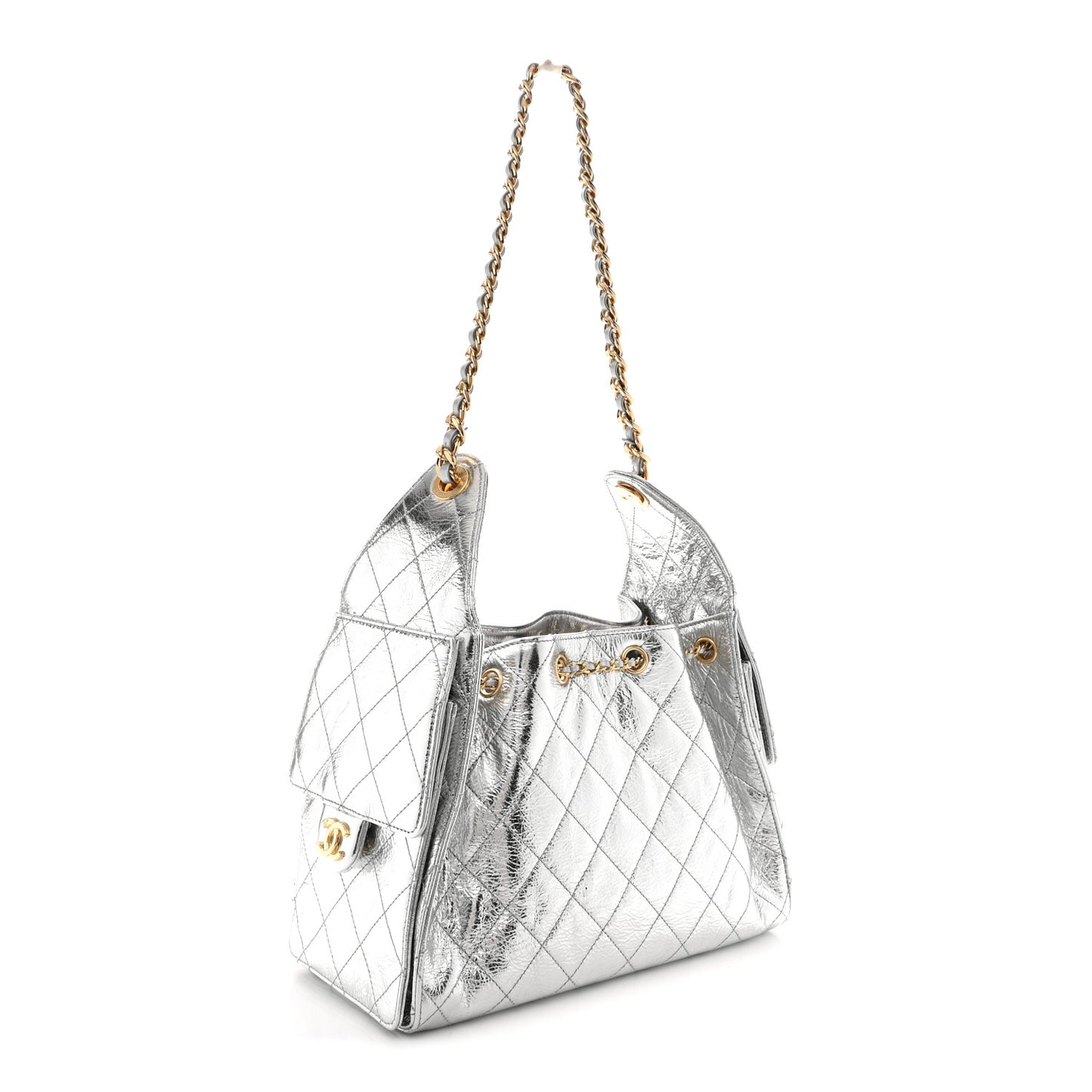 Metallic Crumpled Calfskin Quilted Small Chanel 25 Handbag Silvery