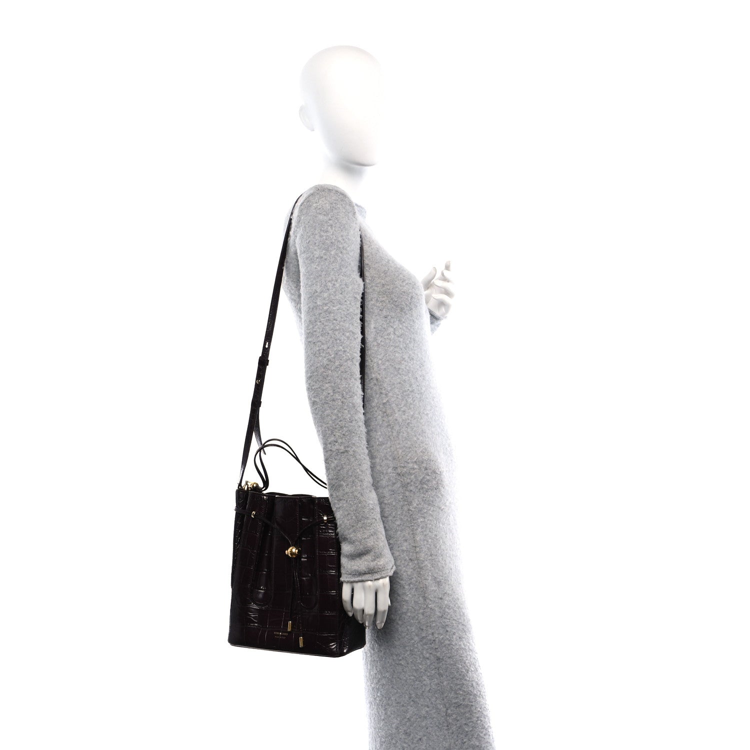 Salvatore Ferragamo Calfskin Crocodile Embossed Bucket Bag Bordeaux 2 of 14