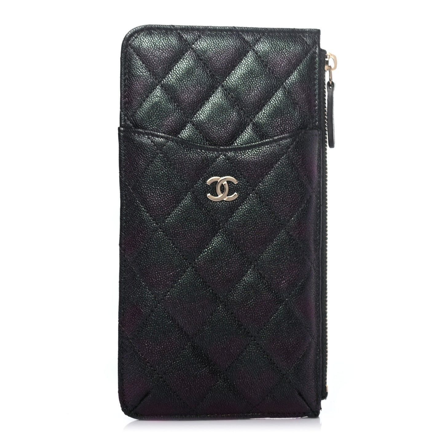 Iridescent Caviar Quilted Classic Flat Wallet Pouch Black