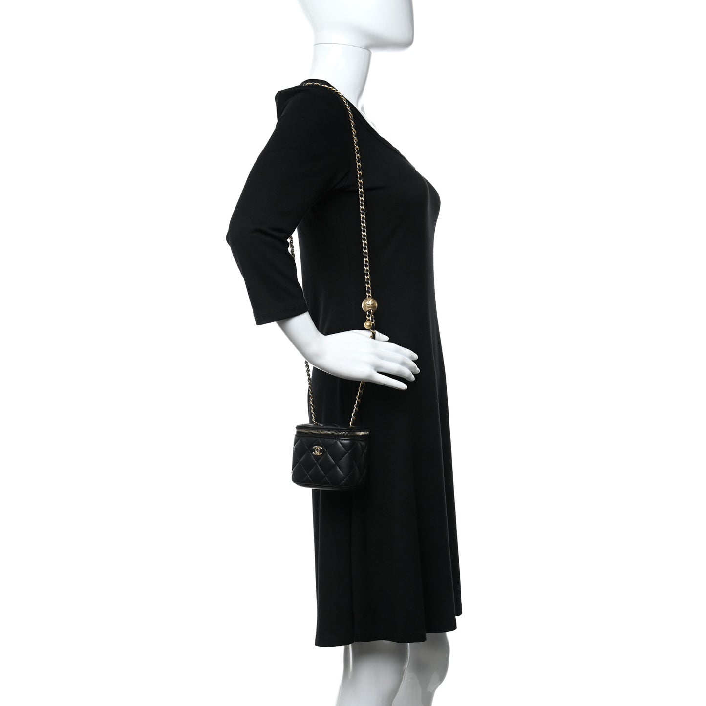 Lambskin Quilted Mini Pearl Crush Vanity Case With Chain Black