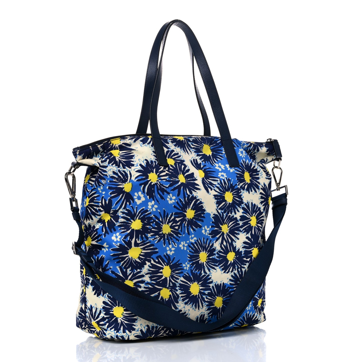 Tessuto Nylon Saffiano Floral Print Tote Bluette Dis Primule