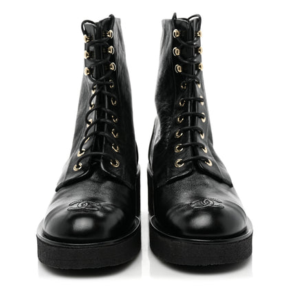 Chanel Calfskin Cap Toe Combat Boots 37.5 Black 2 of 9