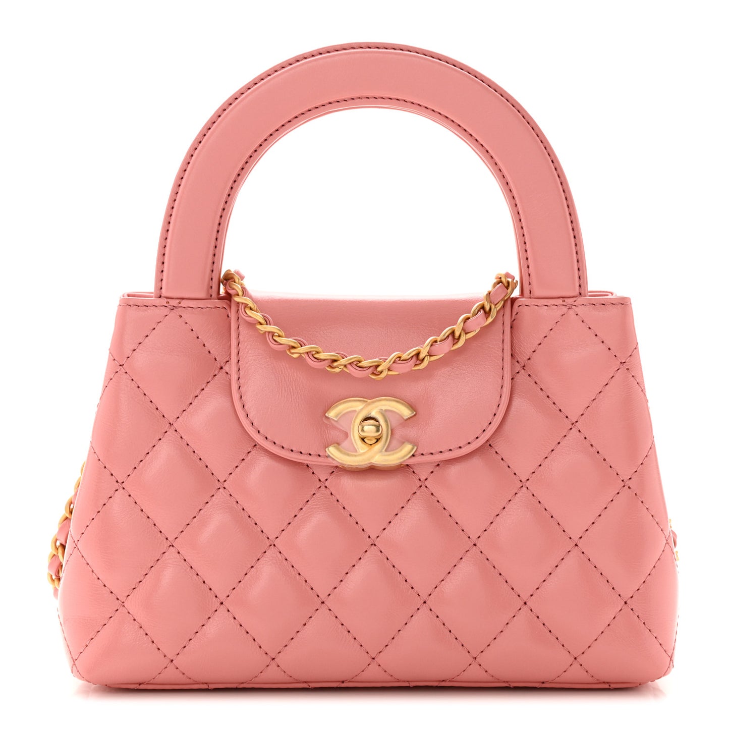 Shiny Aged Calfskin Quilted Nano Kelly Shopper Coral Pink