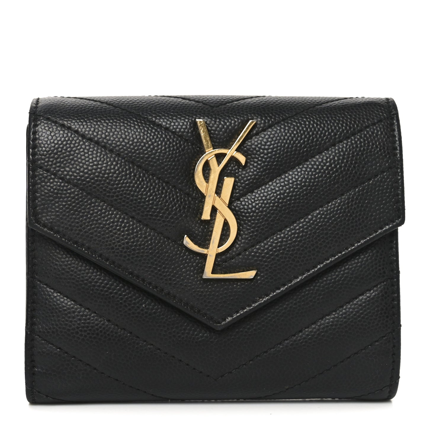 Grain De Poudre Matelasse Chevron Monogram Compact Tri Fold Wallet Black