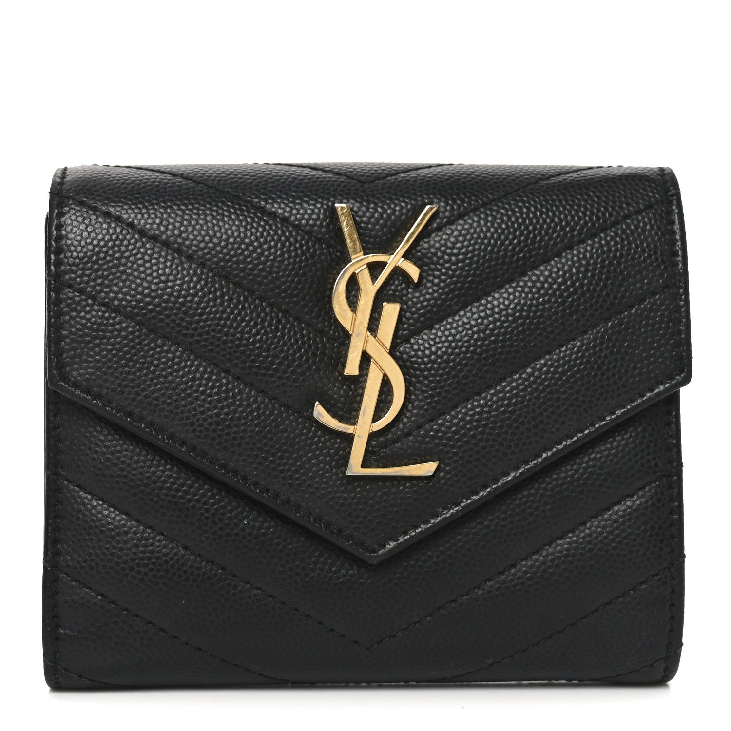 Saint Laurent Grain De Poudre Matelasse Chevron Monogram Compact Tri Fold Wallet Black 1 of 6