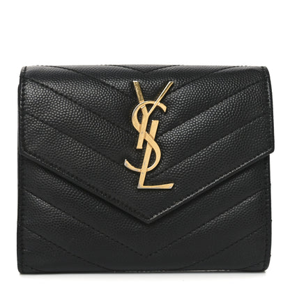 Saint Laurent Grain De Poudre Matelasse Chevron Monogram Compact Tri Fold Wallet Black 1 of 6