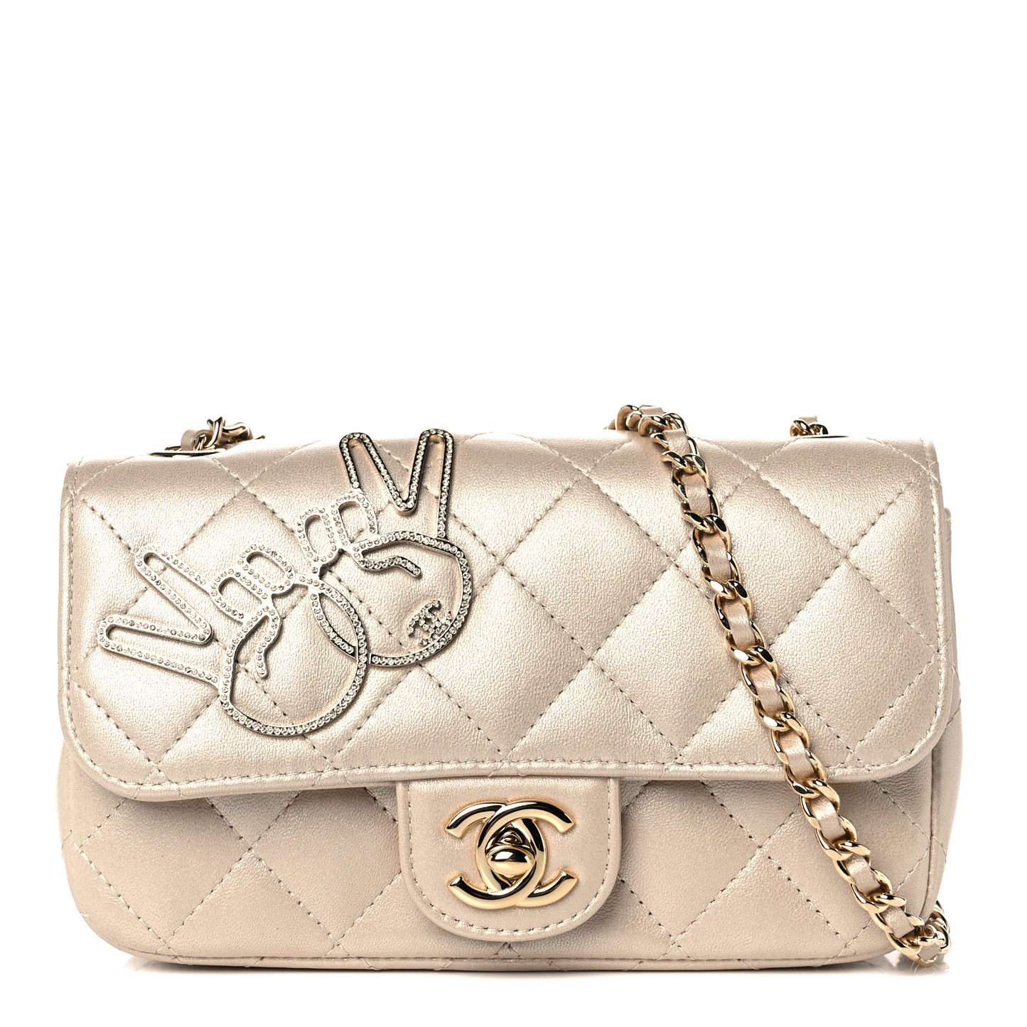 Metallic Lambskin Quilted Extra Mini V For Victory Flap Light Gold