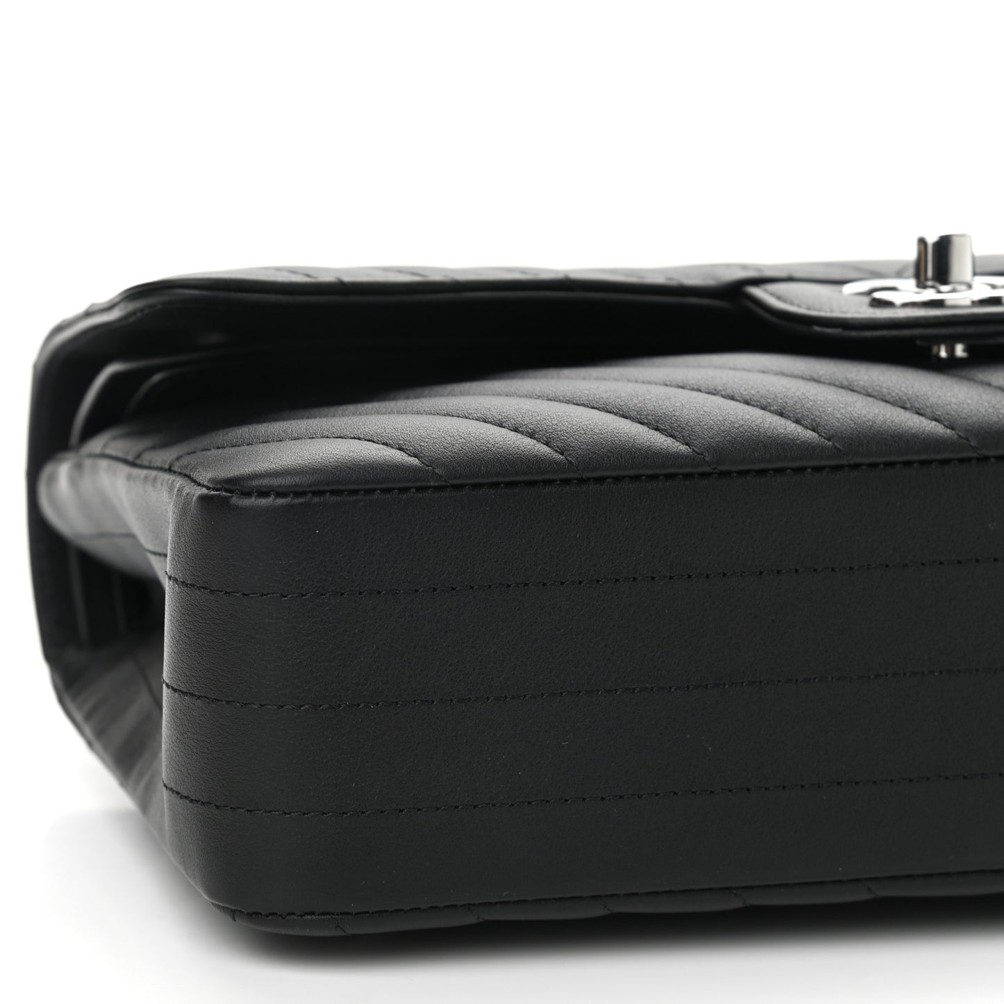 Calfskin Chevron Quilted Medium Double Flap Black