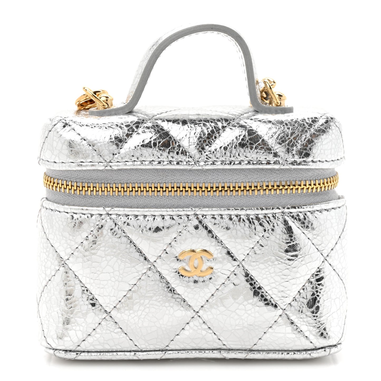 Metallic Calfskin Quilted Mini Vanity Bag Charm With Hook Silver