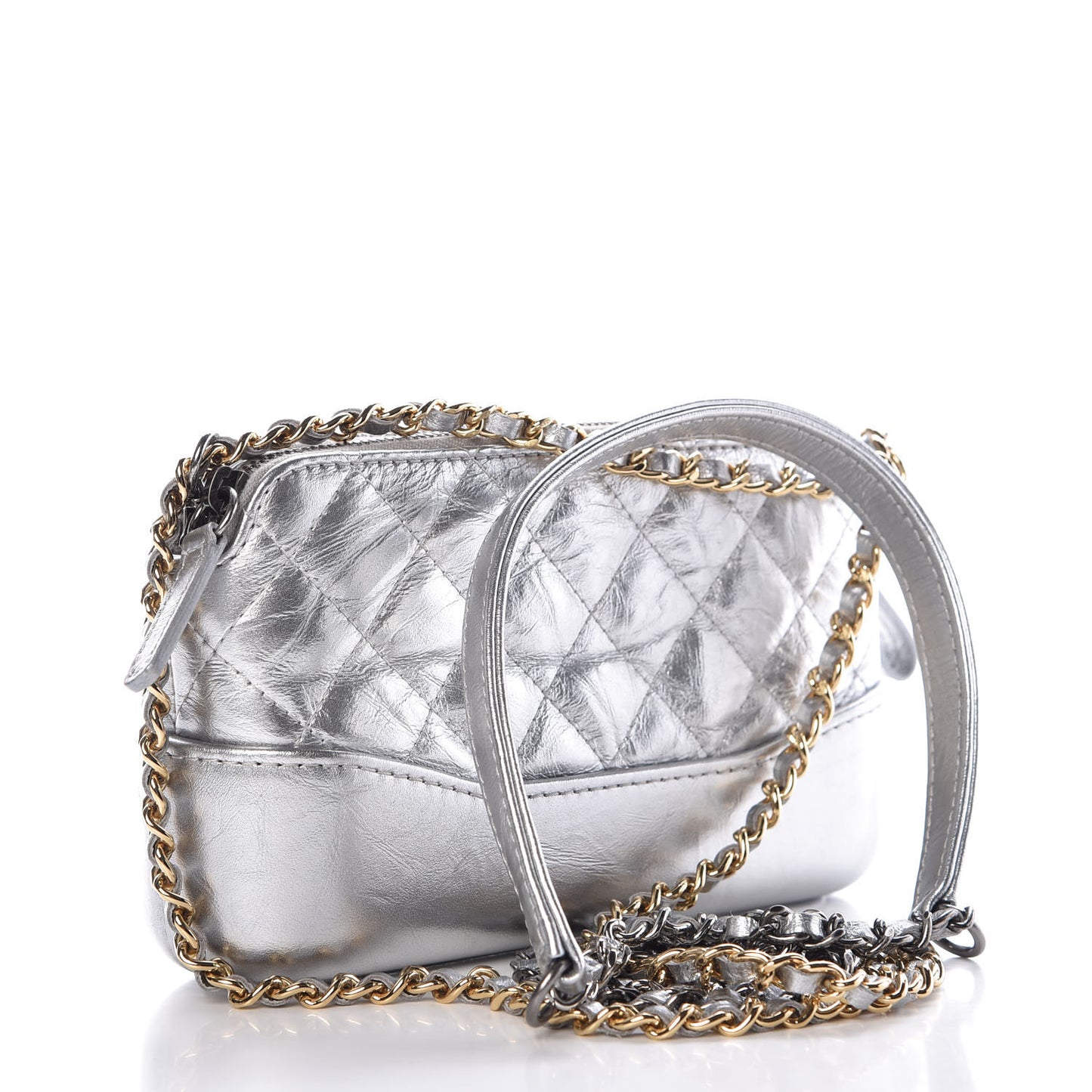 Metallic Lambskin Calfskin Quilted Small Gabrielle Clutch With Chain Silver