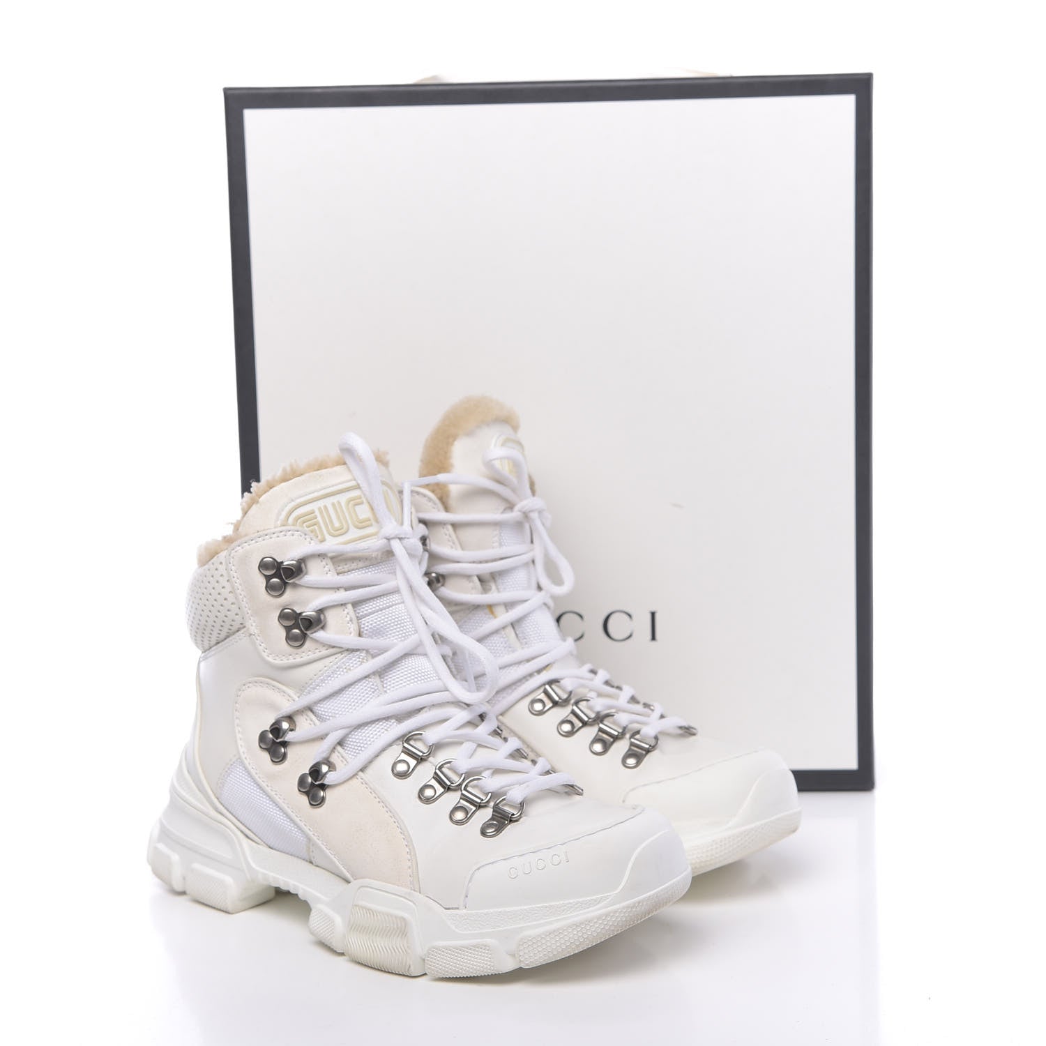 Gucci X SEGA Calfskin Suede Shearling Technical Canvas Womens Flashtrek High-Top Sneakers 37 Great White 10 of 10