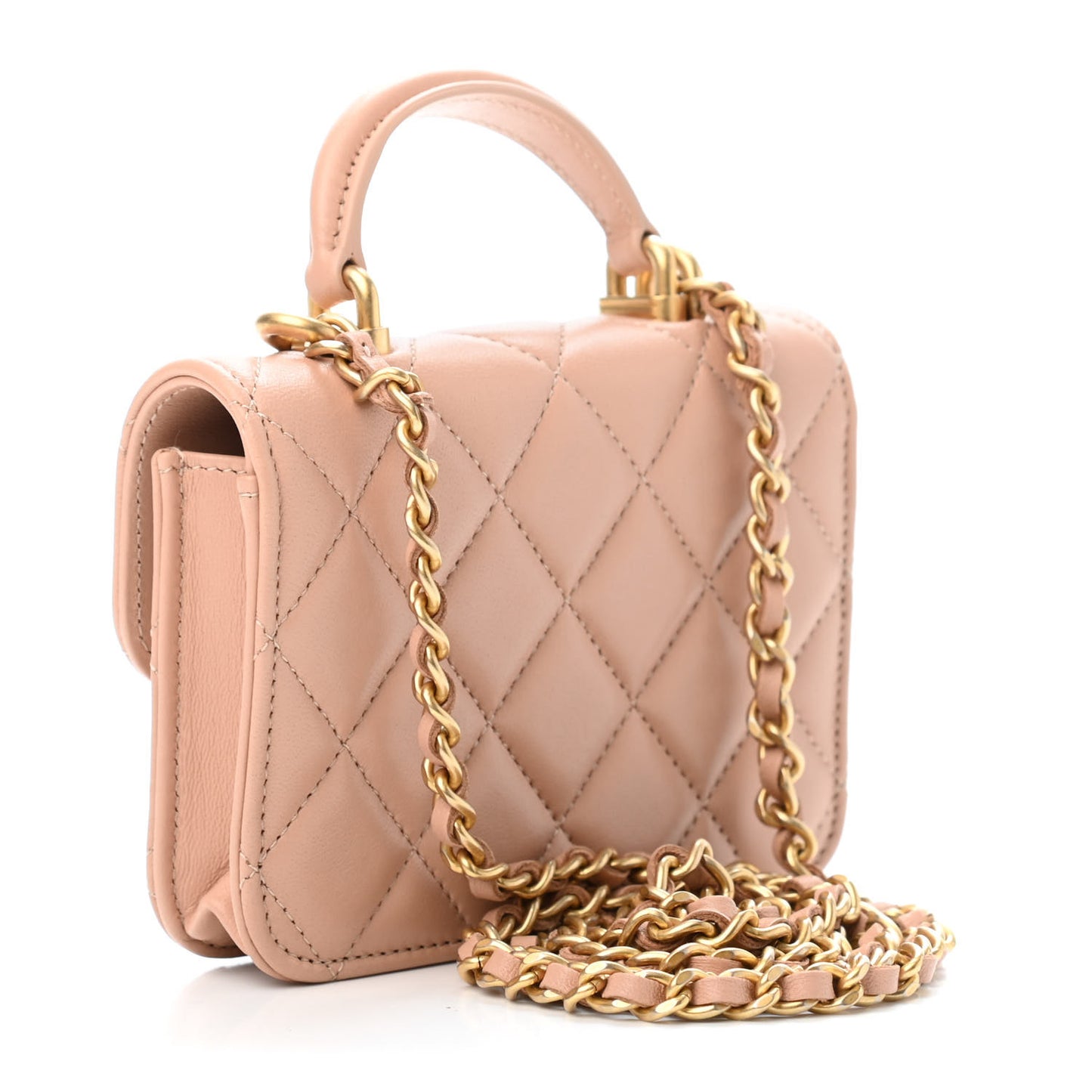 Lambskin Quilted Top Handle Flap Coin Purse With Chain Beige