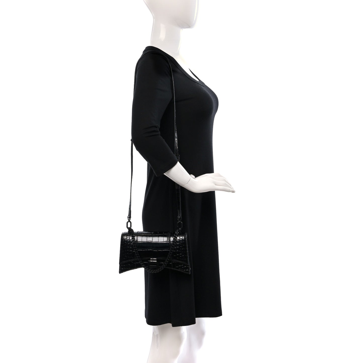 Shiny Calfskin Monochrome Crocodile Embossed Hourglass Chain Bag XS Black
