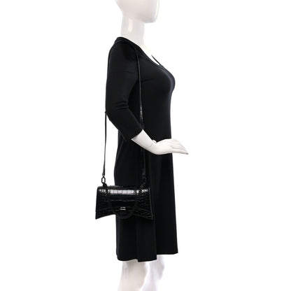 Balenciaga Shiny Calfskin Monochrome Crocodile Embossed Hourglass Chain Bag XS Black 2 of 8
