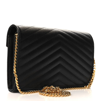 Saint Laurent Grain De Poudre Matelasse Chevron Monogram Chain Wallet  Black 3 of 11