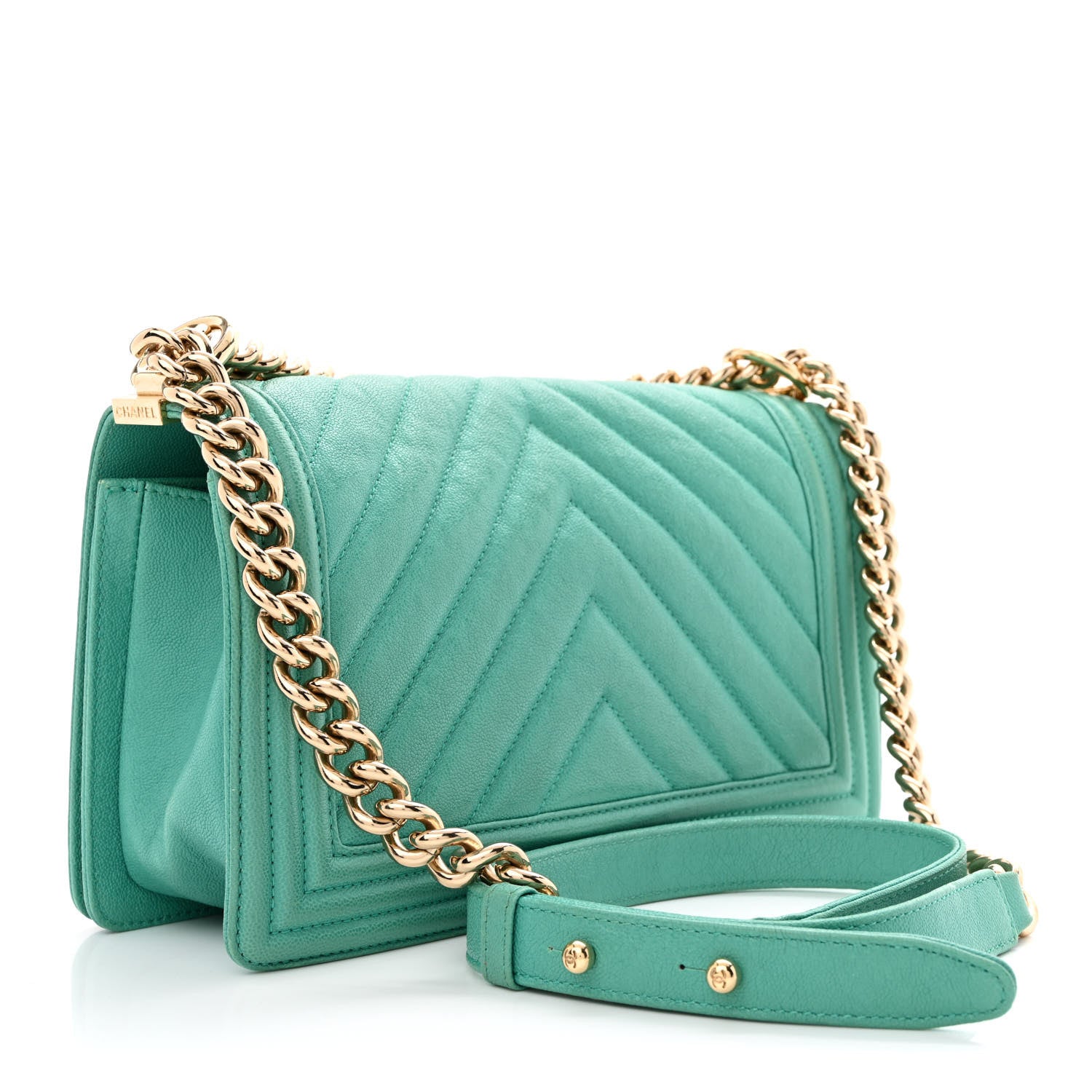 Chanel Caviar Chevron Quilted Medium Boy Flap Green 3 of 13