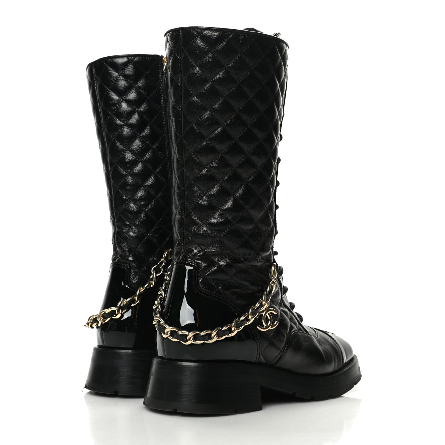 Shiny Calfskin Patent Quilted Chain Lace Up Combat Boots 40 Black