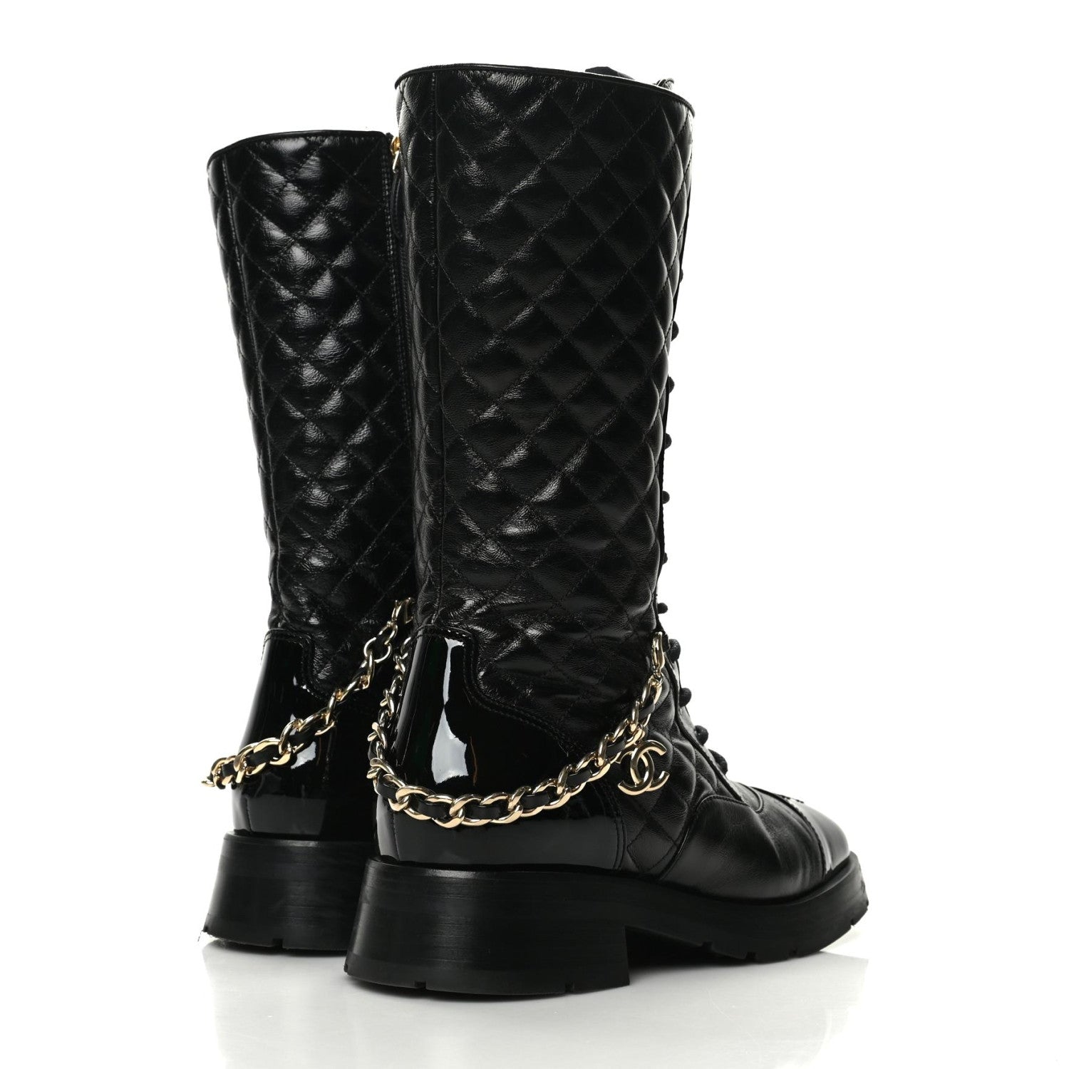Chanel Shiny Calfskin Patent Quilted Chain Lace Up Combat Boots 40 Black 4 of 9
