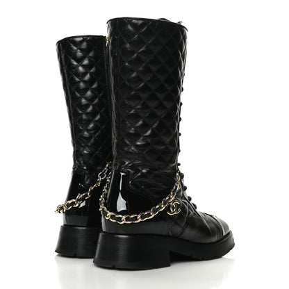Chanel Shiny Calfskin Patent Quilted Chain Lace Up Combat Boots 40 Black 4 of 9