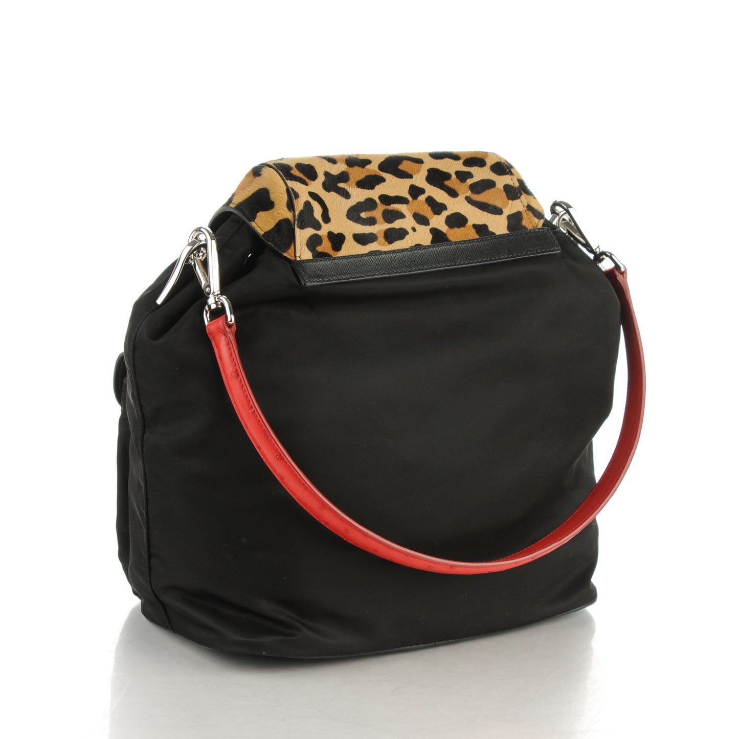 Nylon Cavallino Leopard Print Shoulder Bag Black Miele Rosso