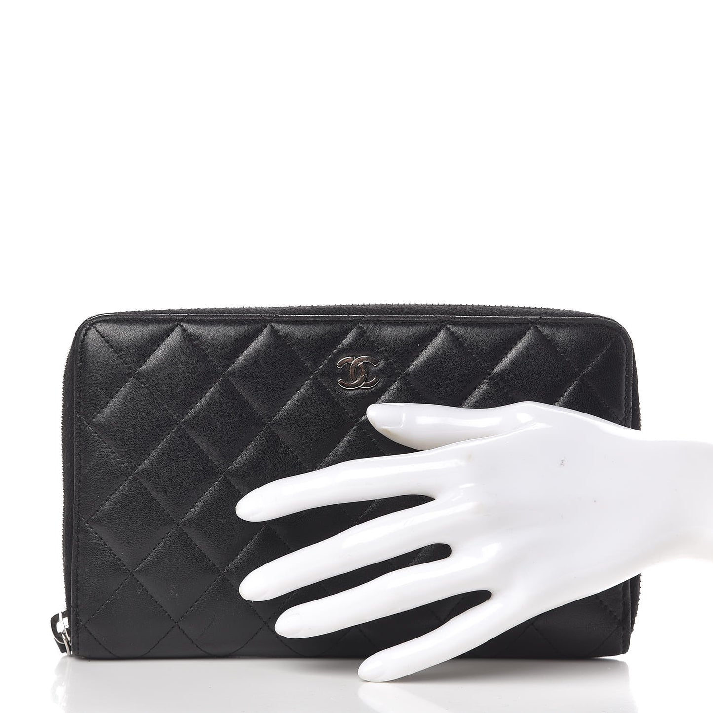 Lambskin Quilted Large Zip Around Organizer Wallet Black