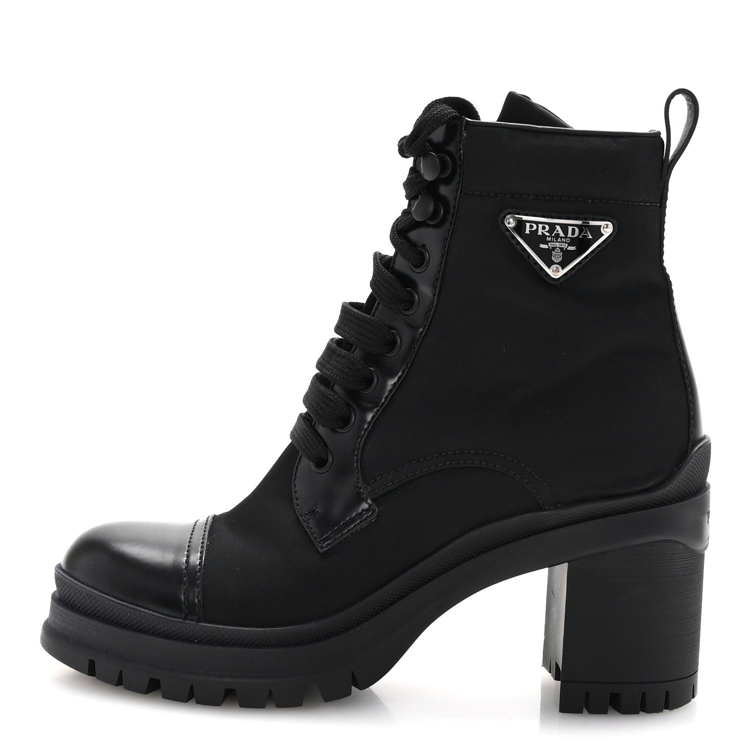 Prada Spazzolato Re-Nylon Metal Triangle Logo Lace Up 55mm Ankle Boots 35.5 Black 1 of 10