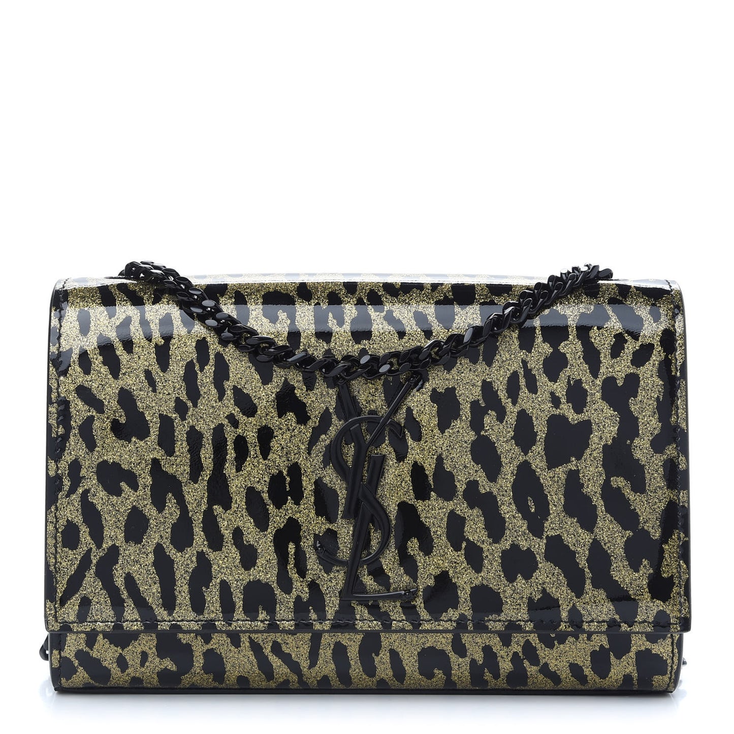 Patent Glitter Leopard Small Classic Monogram Kate Chain Wallet Black Gold