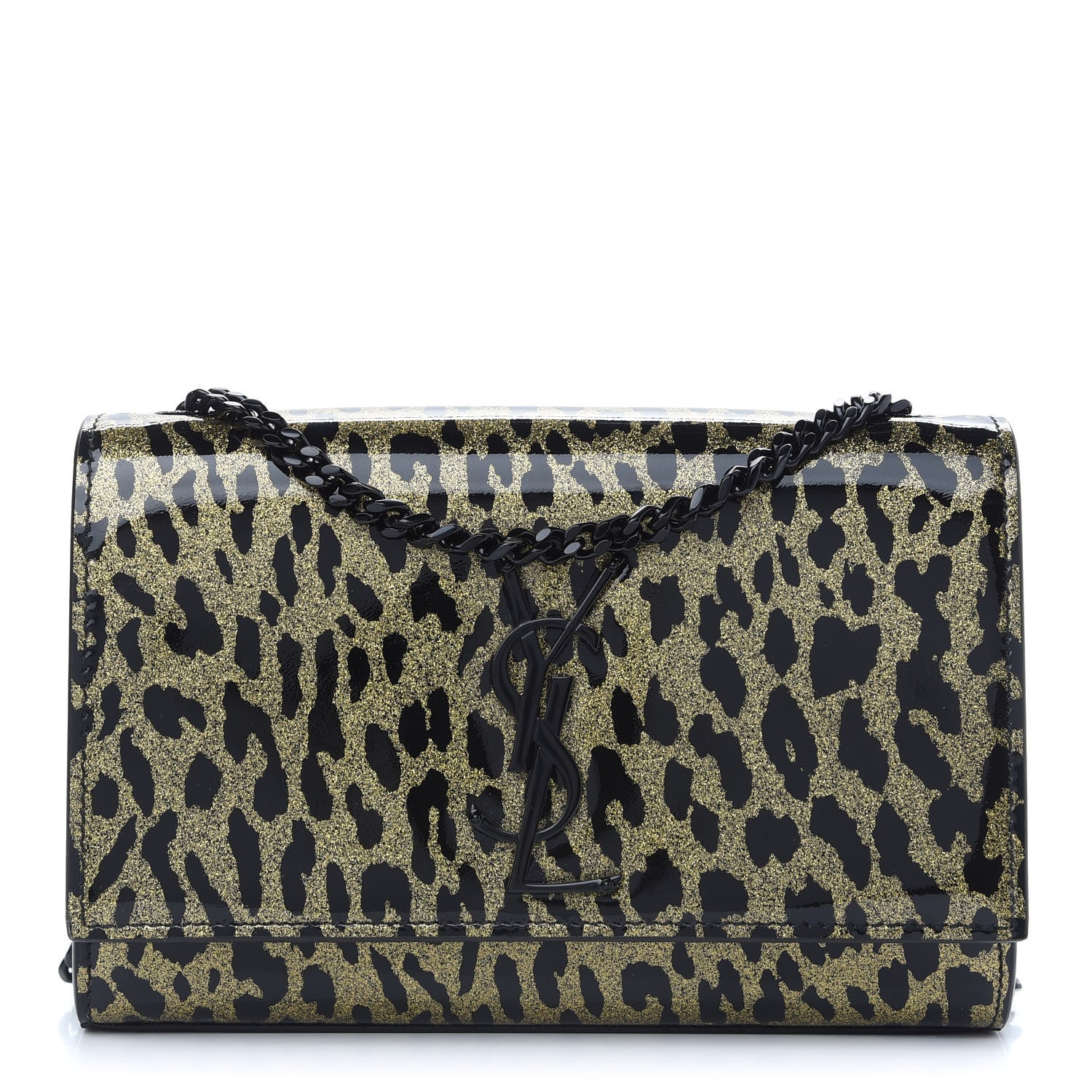 Saint Laurent Patent Glitter Leopard Small Classic Monogram Kate Chain Wallet Black Gold 1 of 8