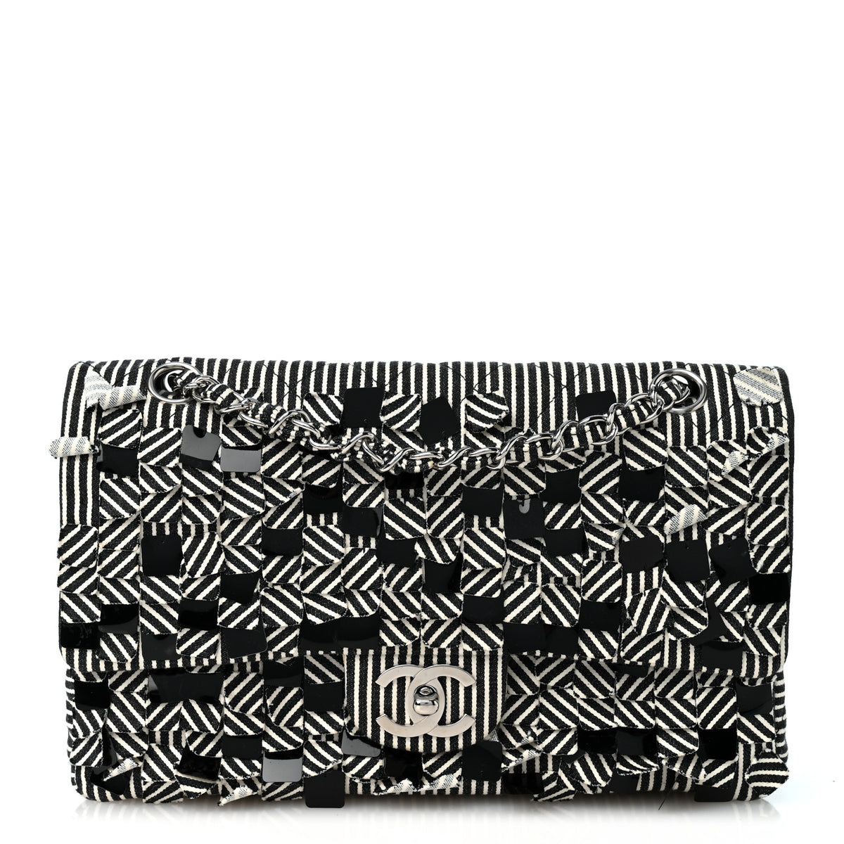 Chanel Canvas Sequin Stripe Medium Double Flap Black White 1 of 12