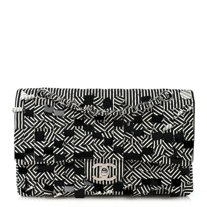 Chanel Canvas Sequin Stripe Medium Double Flap Black White 1 of 12