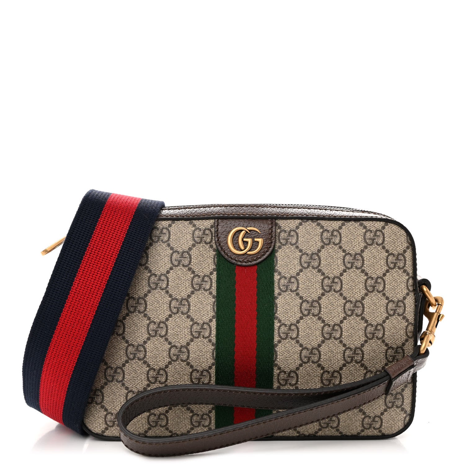 Gucci GG Supreme Monogram Textured Dollar Calfskin Web Ophidia Wristlet Shoulder Bag Beige Ebony New Acero 1 of 9