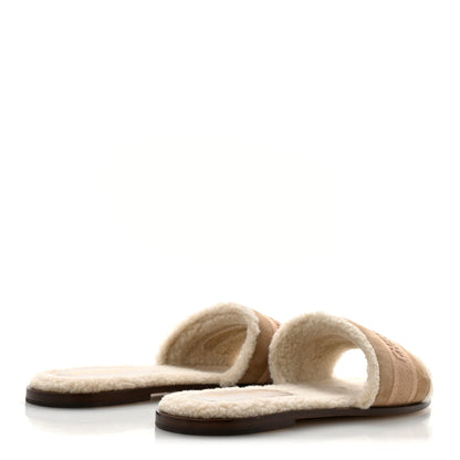 Christian Dior Suede Goatskin Shearling Embroidered Dway Slide Sandals 38 Cookie 5 of 9