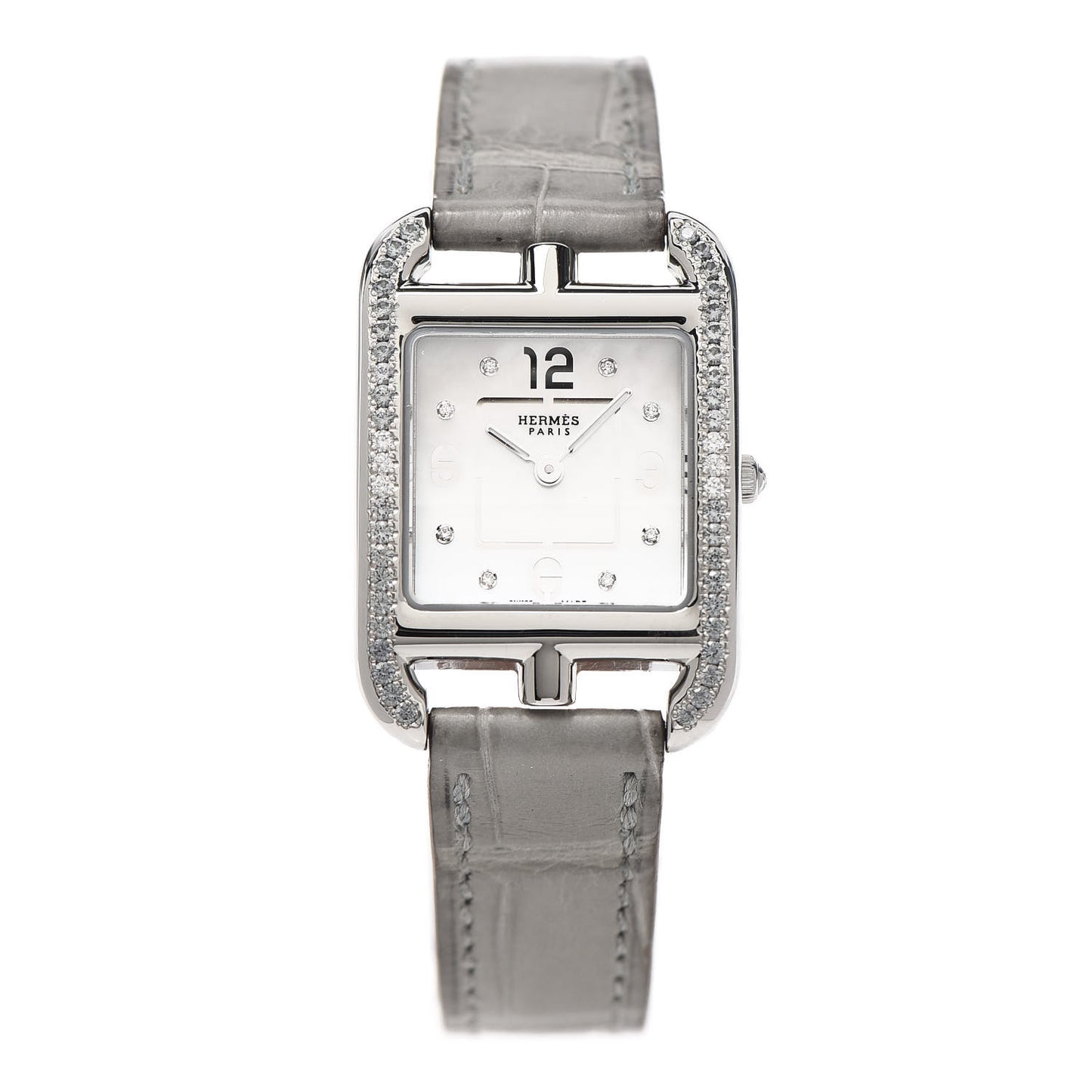 Stainless Steel Alligator Diamond Bezel Grey Sapphire Mother of Pearl 23mm Cape Cod Quartz Watch Gris Perle