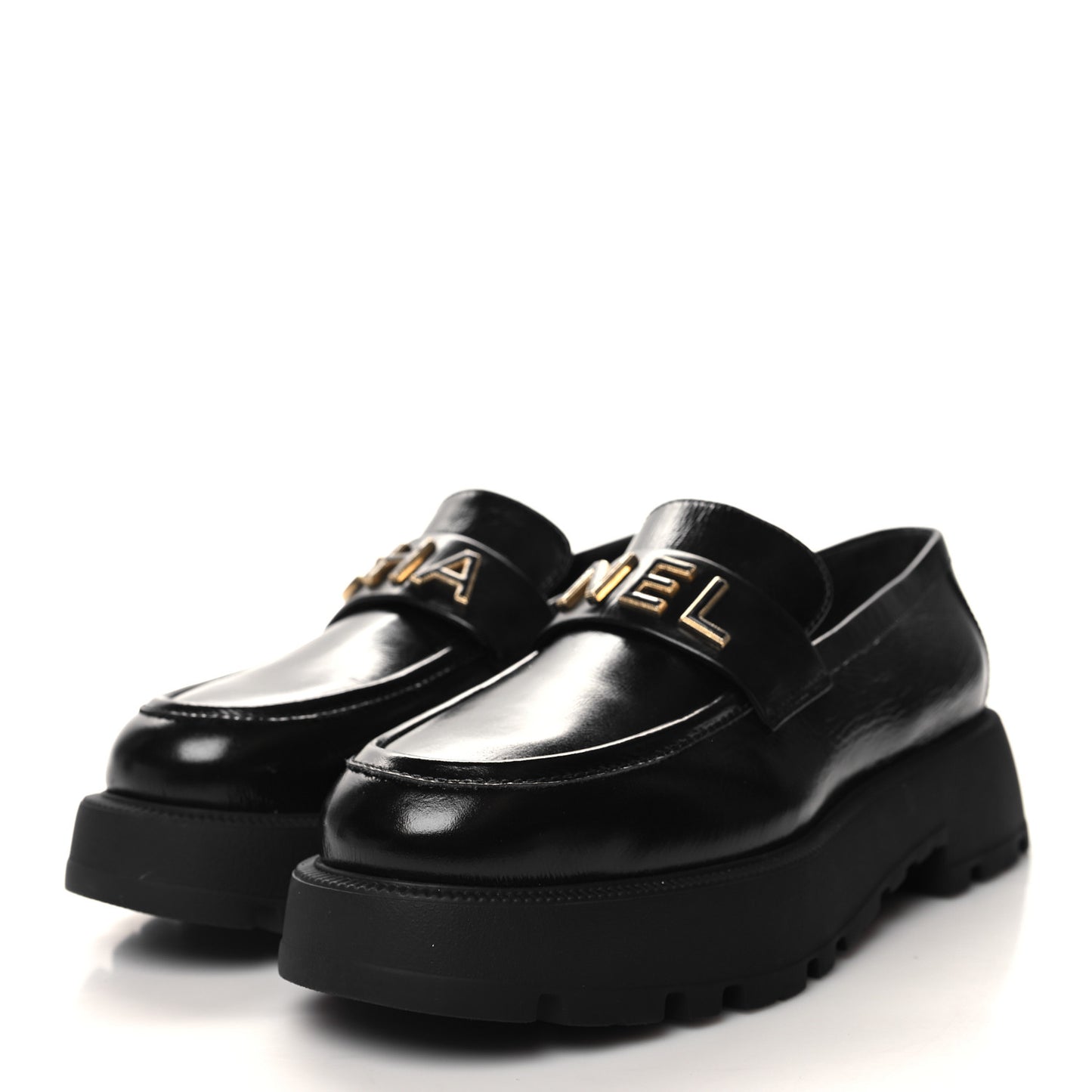Shiny Calfskin Logo Loafers 40 Black