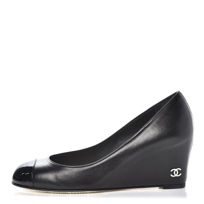Chanel Lambskin Patent Cap Toe Wedges 35.5 Black 1 of 8