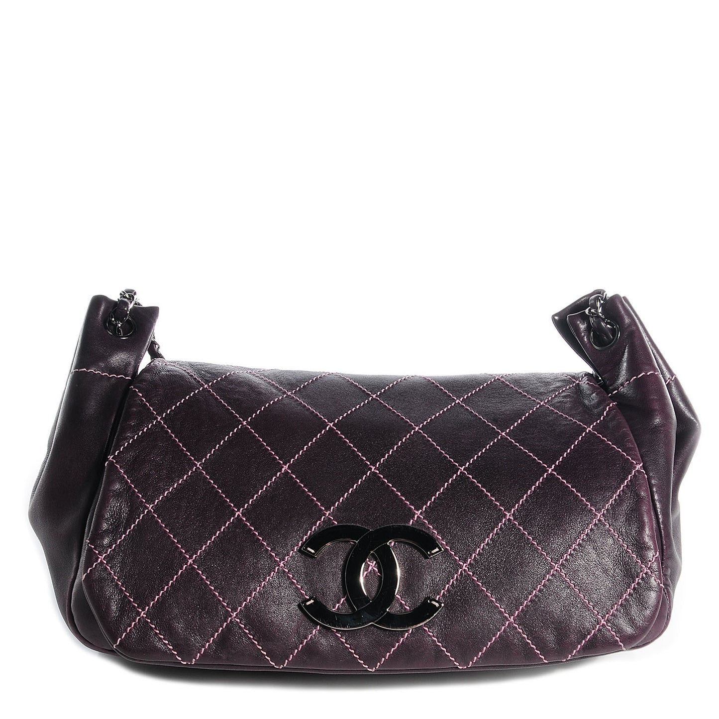 Lambskin Contrast Stitch Surpique Accordion Flap Dark Purple