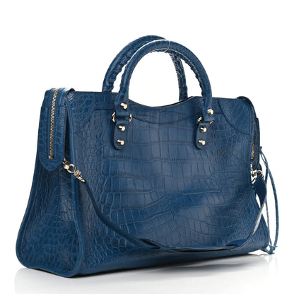 Balenciaga Calfskin Crocodile Embossed Classic Silver Hardware City Bleu Marine 3 of 11