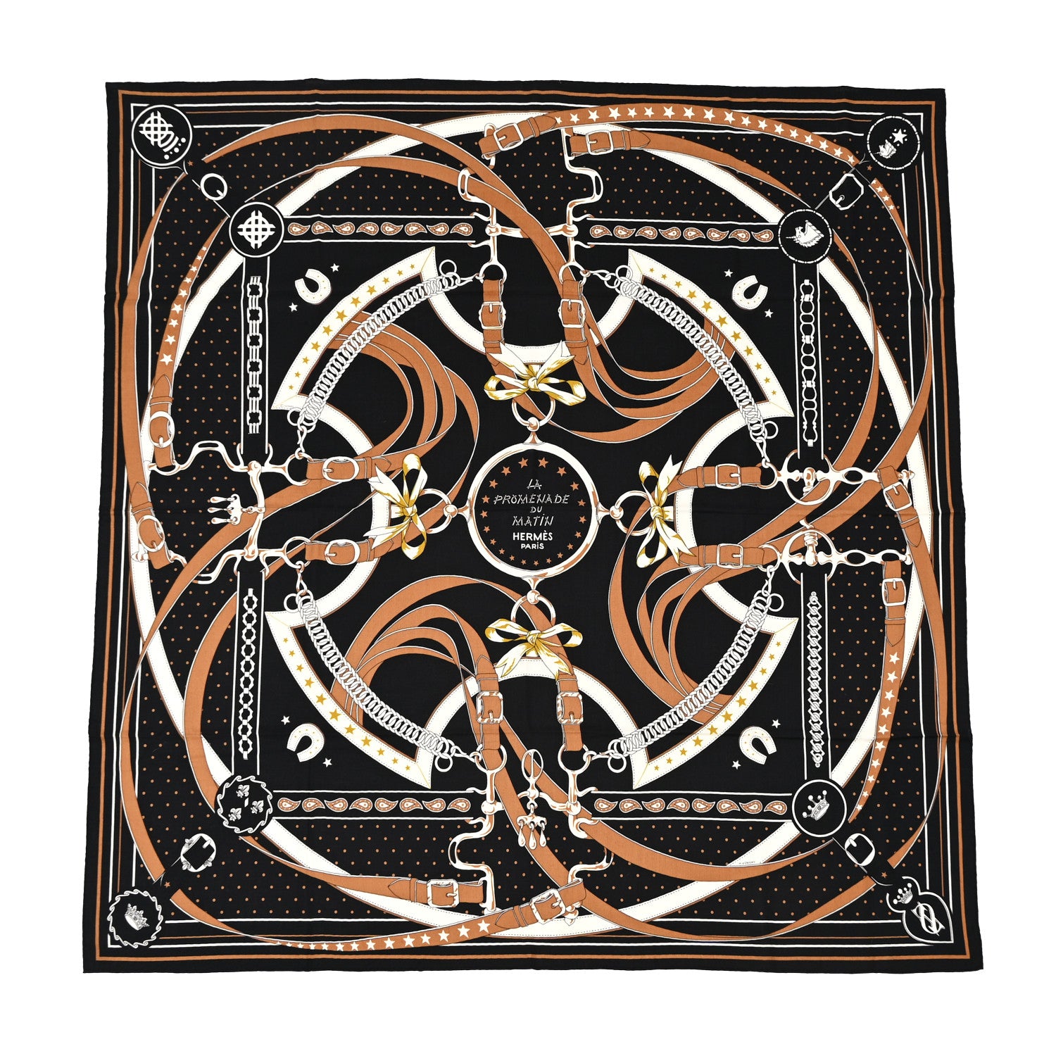 Hermes Cashmere Silk La Promenade du Matin Bandana Shawl 140 Black Noisette Gold 1 of 9