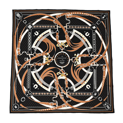 Hermes Cashmere Silk La Promenade du Matin Bandana Shawl 140 Black Noisette Gold 1 of 9