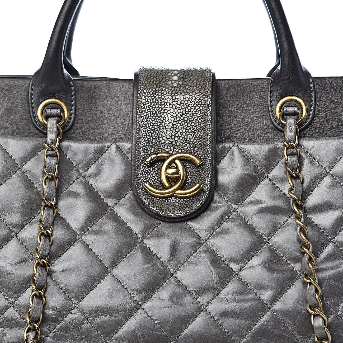 Glazed Calfskin Stingray Large Bindi CC Tote Grey