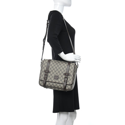 Gucci GG Supreme Monogram Textured Dollar Calfskin Retro Interlocking G Flap Messenger Bag Beige Ebony New Acero 2 of 11