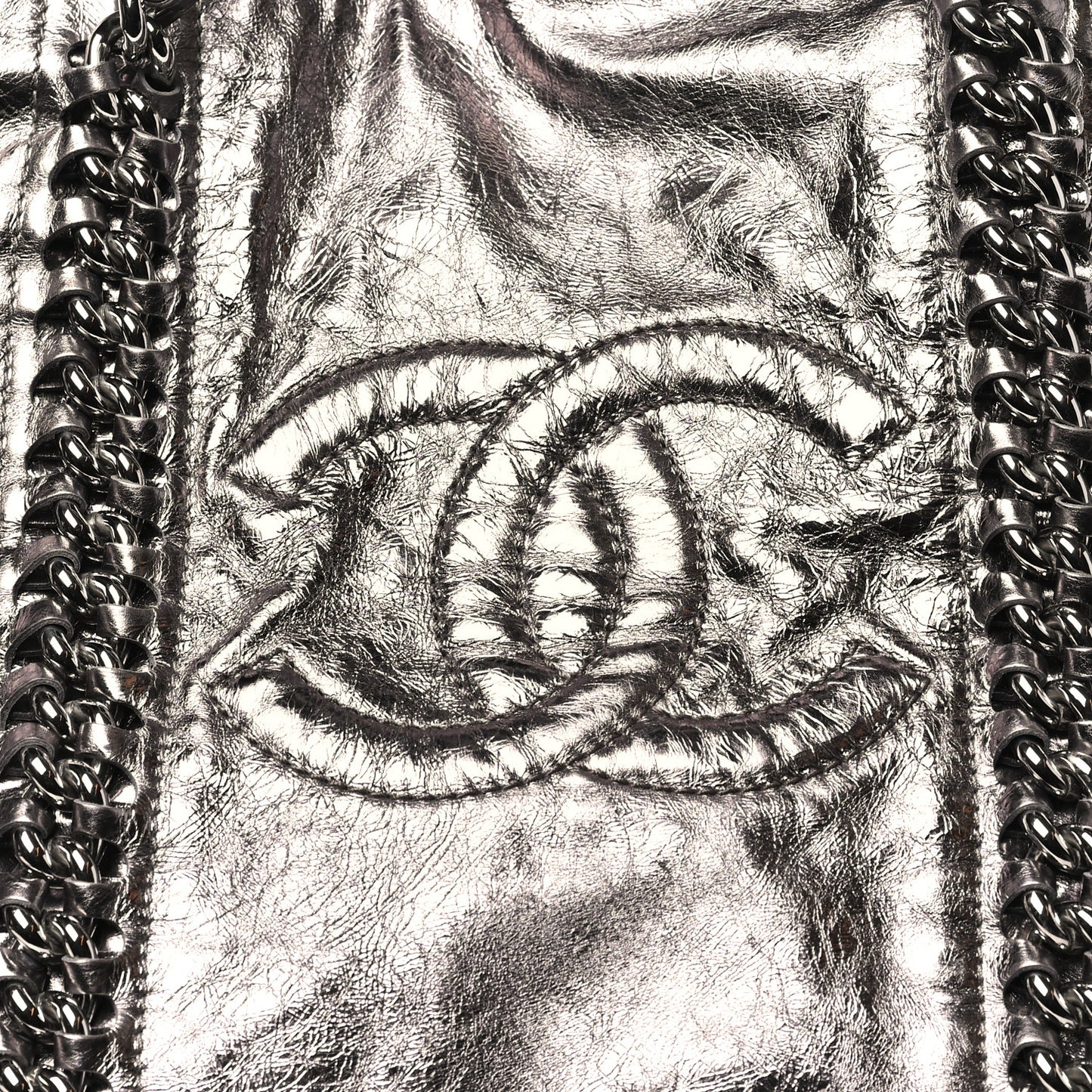 Metallic Cracked Calfskin Modern Chain Tote Dark Silver