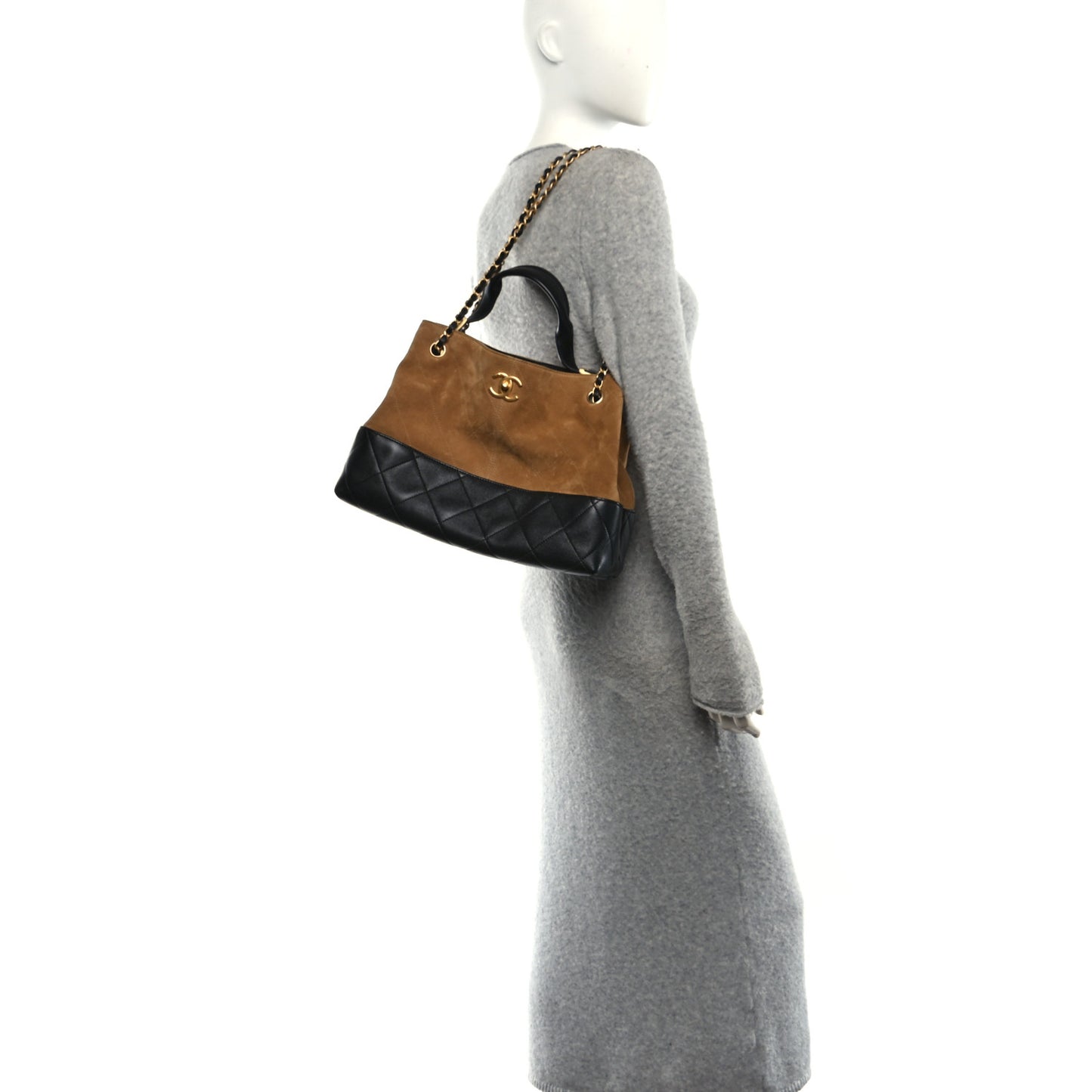 Suede Calfskin Shiny Lambskin Quilted Small Coco Base Shopping Bag Beige Black