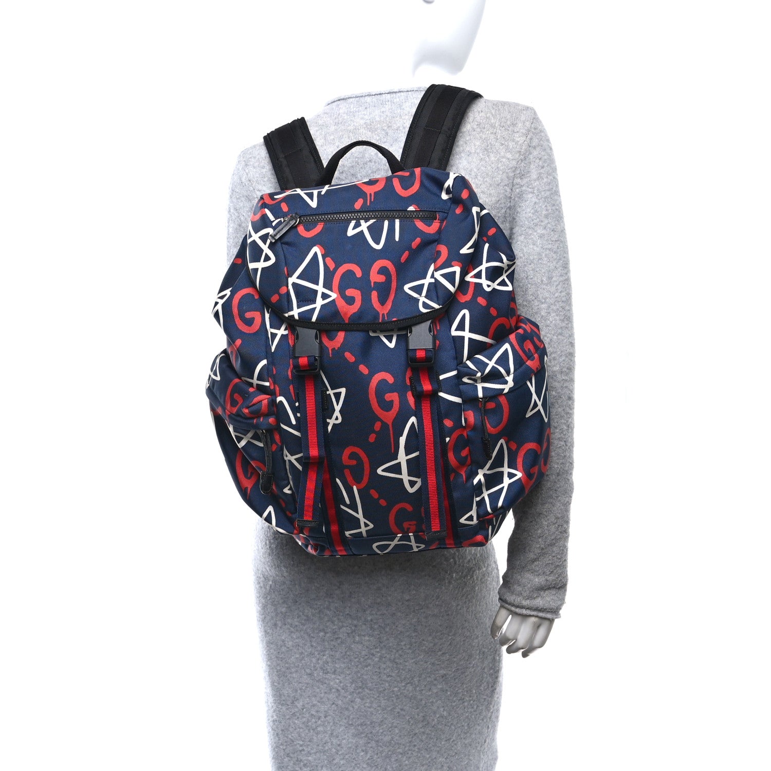 Gucci Techno Canvas GucciGhost Double Buckle Backpack Blue Agata Hibiscus Red 2 of 10