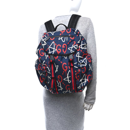 Gucci Techno Canvas GucciGhost Double Buckle Backpack Blue Agata Hibiscus Red 2 of 10
