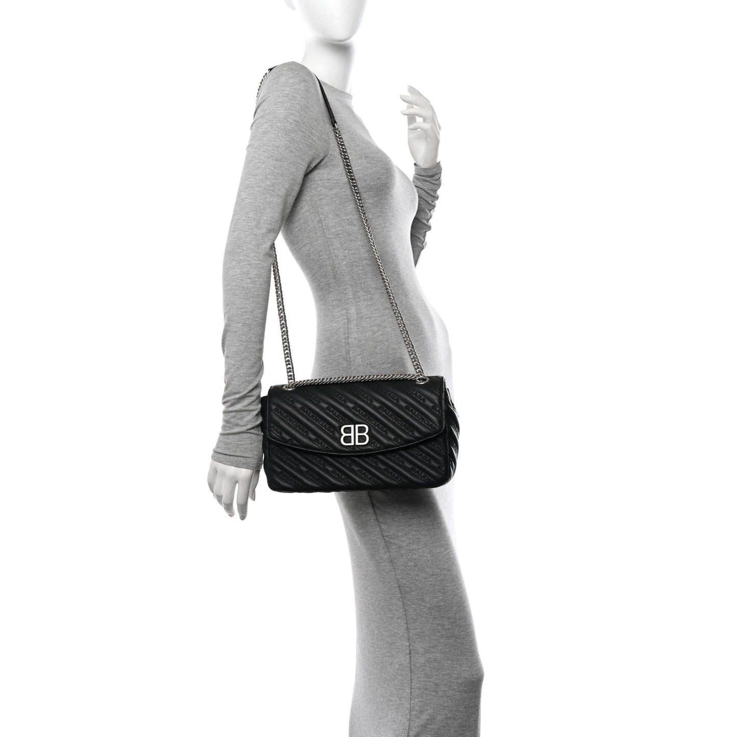 Calfskin Logo Matelasse M BB Chain Shoulder Bag Black