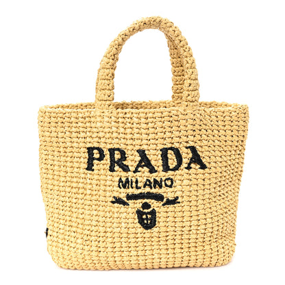Prada Yarn Raffia Effect Crochet Embroidered Small Logo Tote Naturale 1 of 12