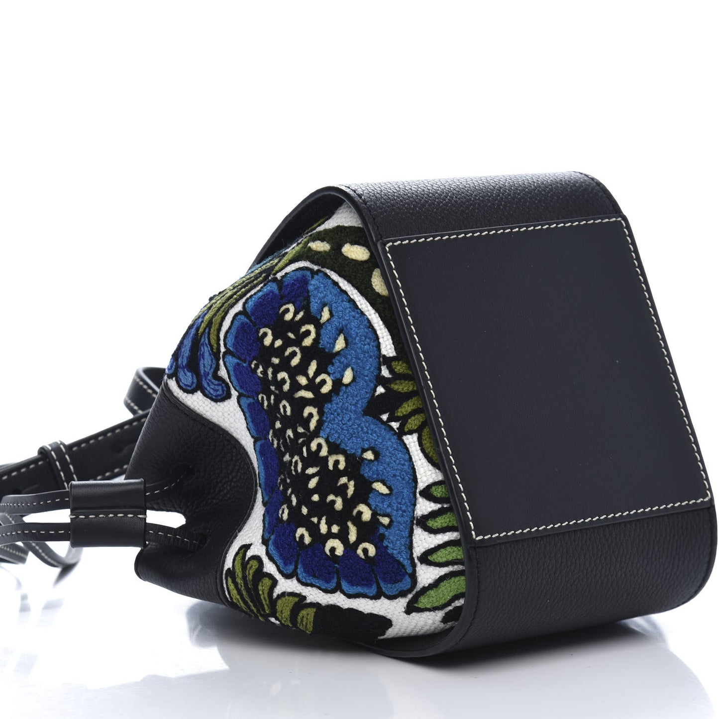 Calfskin Embroidered Floral Mini Hammock Shoulder Bag Black Peacock Blue